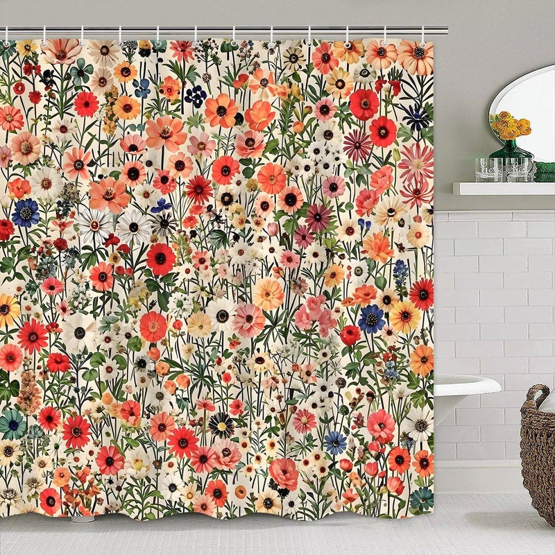 DDQQ 4Pcs Floral Shower Curtain Set Spring Flower Bathroom Sets, Oil Painting Flower Home Bathroom Decor Shower Curtains with Rugs and Toilet Lid Cover - Image 4